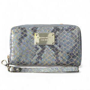 MICHAEL KORS- Snakeskin Embossed Leather Zip Around Wristlet Wallet- BLUE
